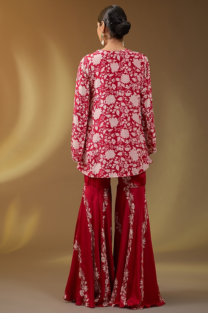 Red Crepe Floral Printed Wedding Sharara Set by Devika Bhayana at Pernia's Pop Up Shop