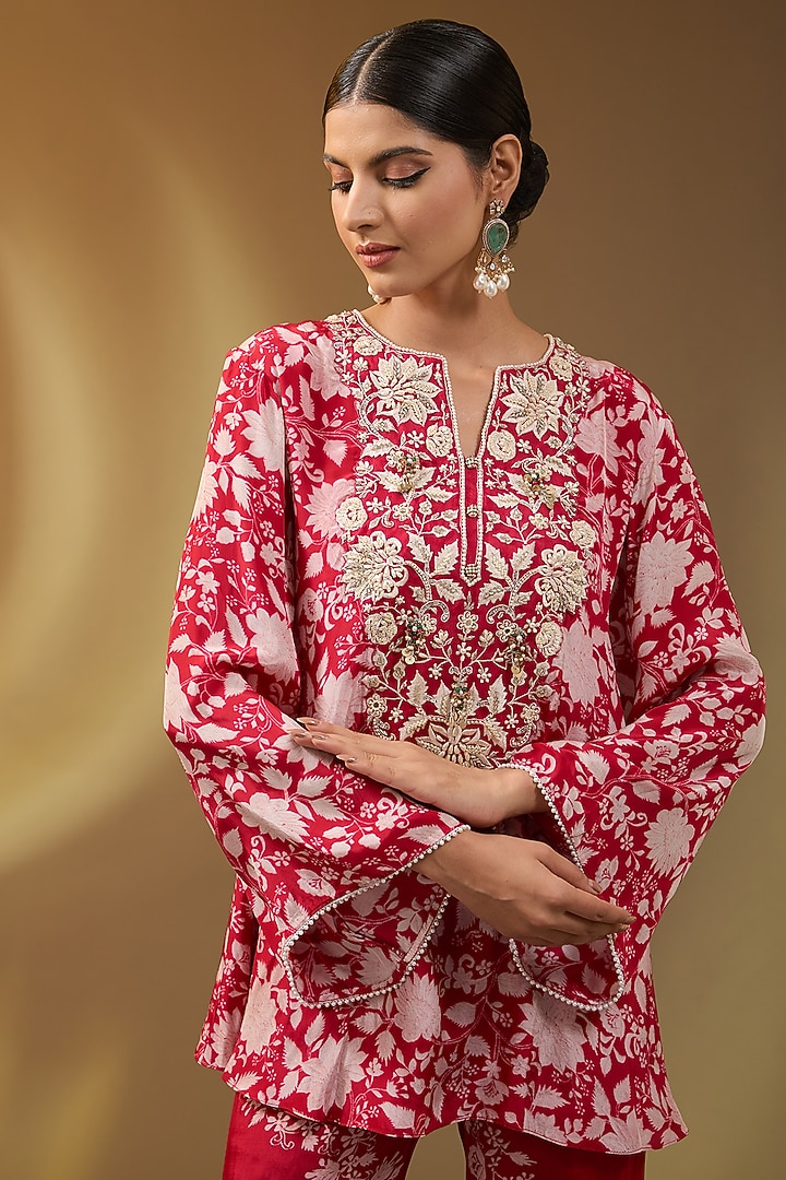 Red Crepe Floral Printed Wedding Sharara Set by Devika Bhayana at Pernia's Pop Up Shop