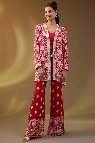 Red Crepe Floral Printed Jacket Set by Devika Bhayana