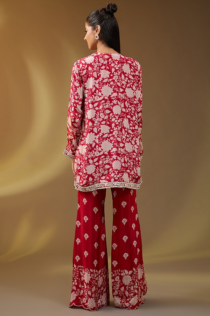 Red Crepe Floral Printed Jacket Set by Devika Bhayana at Pernia's Pop Up Shop