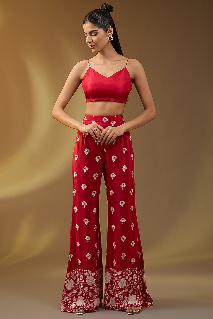 Red Crepe Floral Printed Jacket Set by Devika Bhayana at Pernia's Pop Up Shop