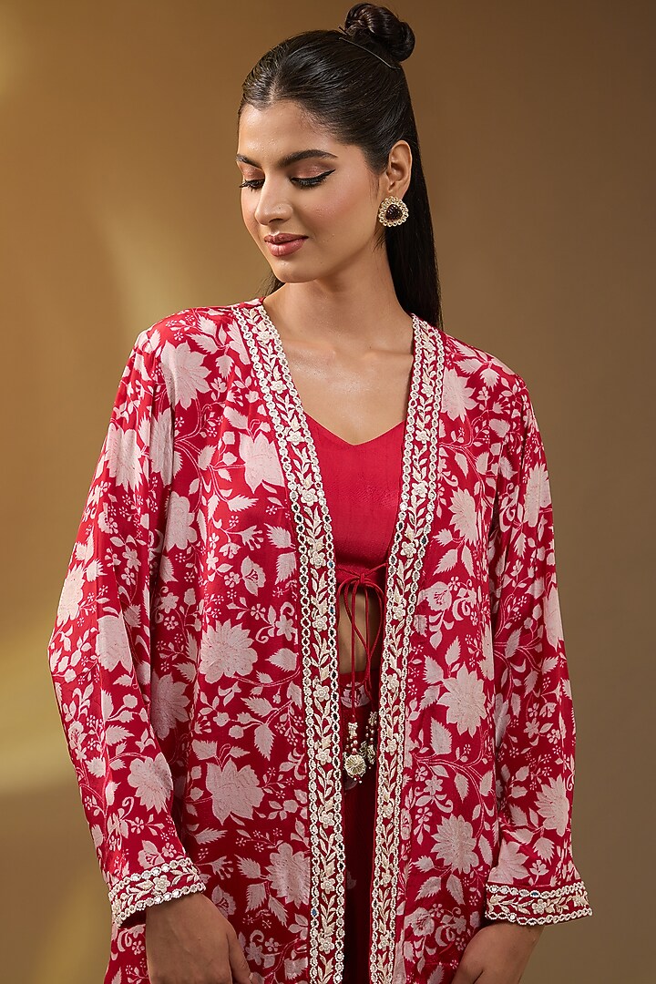 Red Crepe Floral Printed Jacket Set by Devika Bhayana at Pernia's Pop Up Shop