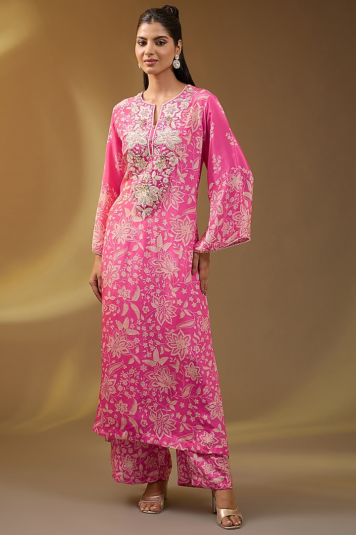 Pink Crepe Floral Printed & Thread Embroidered Kaftan Set by Devika Bhayana at Pernia's Pop Up Shop