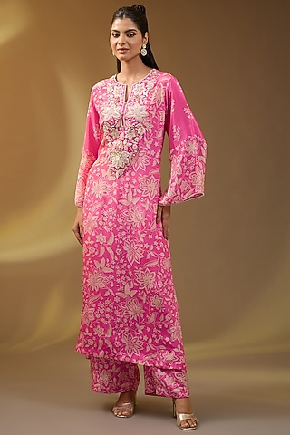 Pink Crepe Floral Printed & Thread Embroidered Kaftan Set by Devika Bhayana