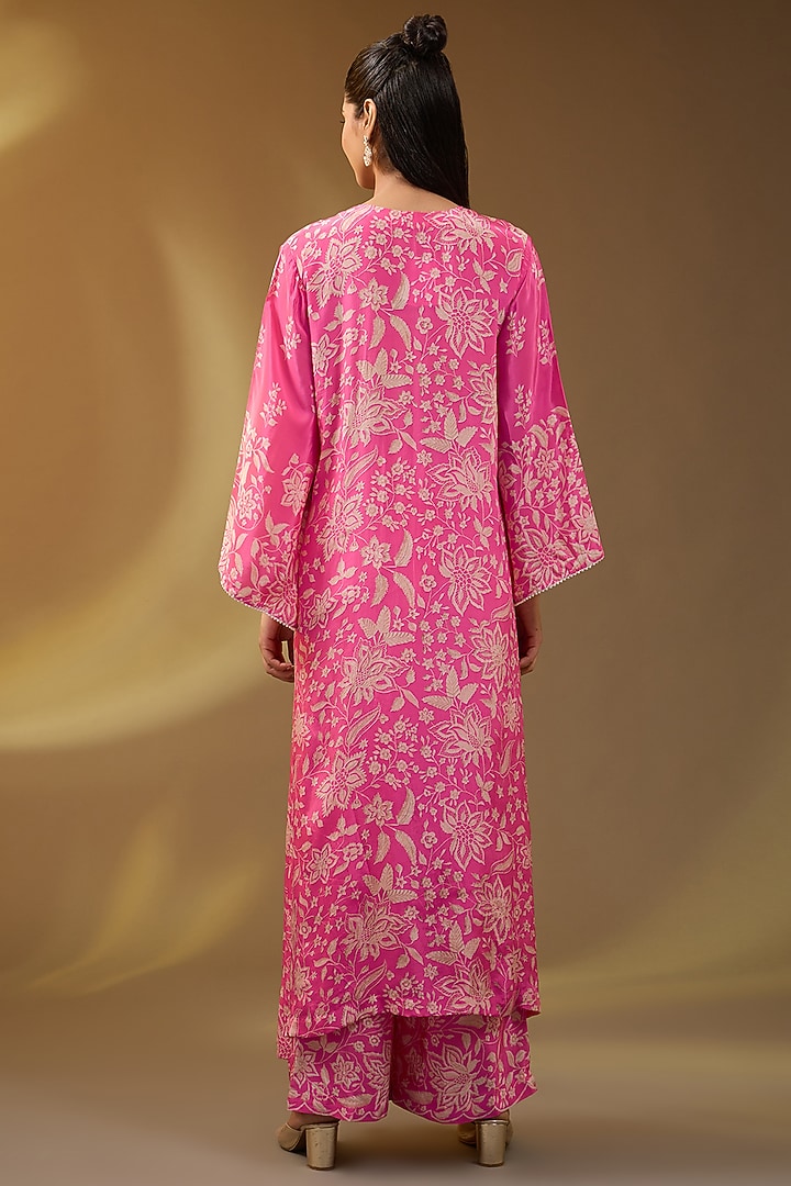 Pink Crepe Floral Printed & Thread Embroidered Kaftan Set by Devika Bhayana at Pernia's Pop Up Shop