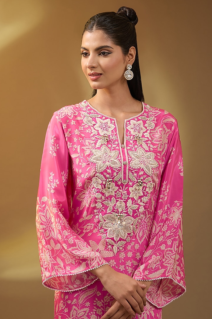 Pink Crepe Floral Printed & Thread Embroidered Kaftan Set by Devika Bhayana at Pernia's Pop Up Shop