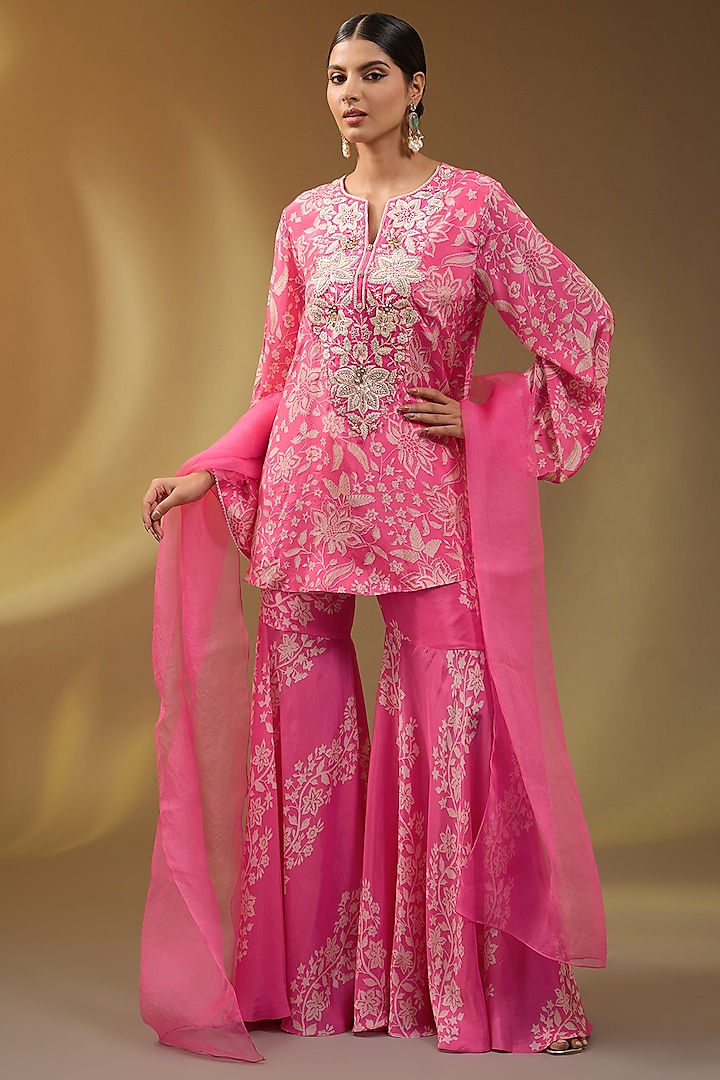 Pink Crepe Floral Printed Sharara Set by Devika Bhayana at Pernia's Pop Up Shop