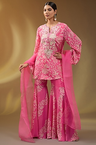 Pink Crepe Floral Printed Sharara Set by Devika Bhayana