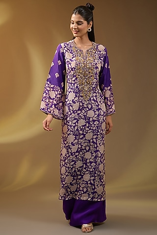 Pink Crepe Floral Printed Kaftan Set by Devika Bhayana