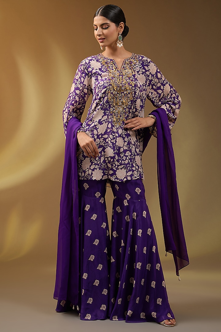 Purple Crepe Floral Printed Sharara Set by Devika Bhayana at Pernia's Pop Up Shop