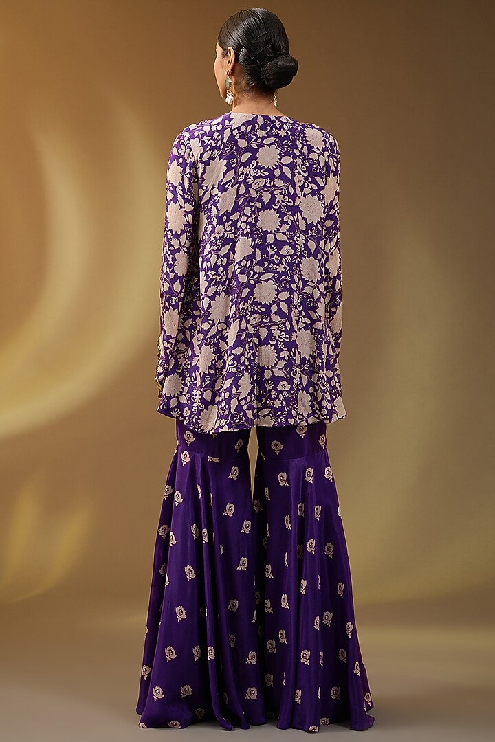 Purple Crepe Floral Printed Wedding Sharara Set by Devika Bhayana at Pernia's Pop Up Shop