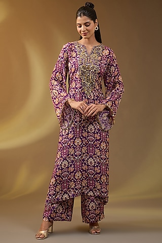 Purple Crepe Floral Printed Kaftan Set by Devika Bhayana