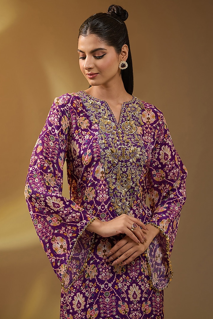 Purple Crepe Floral Printed Kaftan Set by Devika Bhayana at Pernia's Pop Up Shop