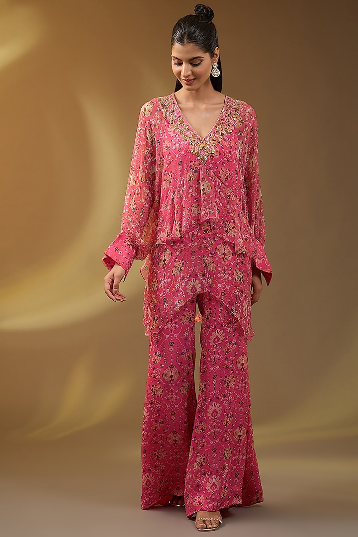 Pink Chiffon Floral Printed Co-Ord Set by Devika Bhayana at Pernia's Pop Up Shop