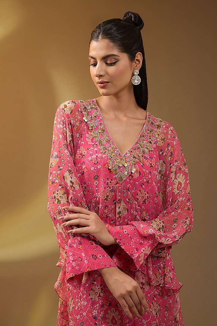 Pink Chiffon Floral Printed Co-Ord Set by Devika Bhayana at Pernia's Pop Up Shop