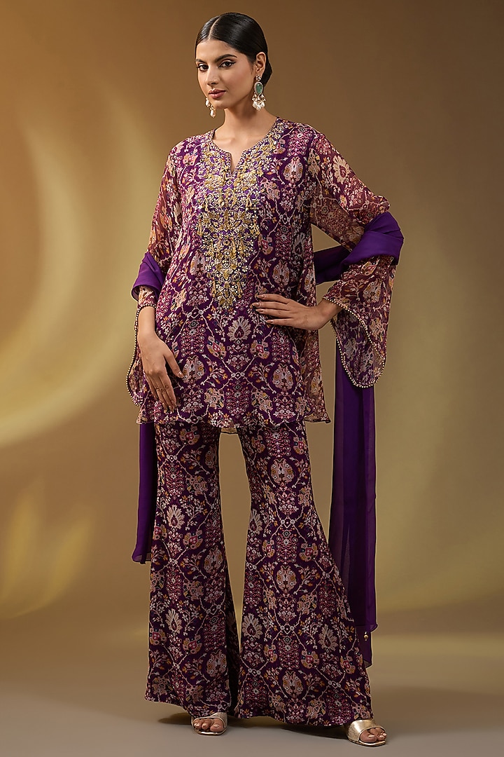 Purple Chiffon Floral Printed Sharara Set by Devika Bhayana at Pernia's Pop Up Shop