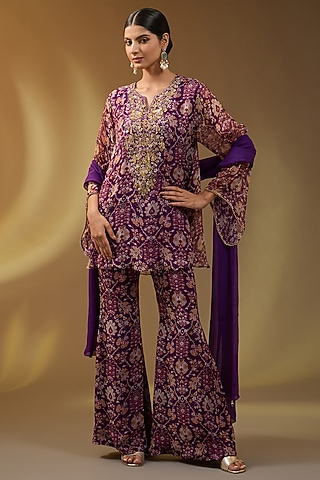 Purple Chiffon Floral Printed Sharara Set by Devika Bhayana