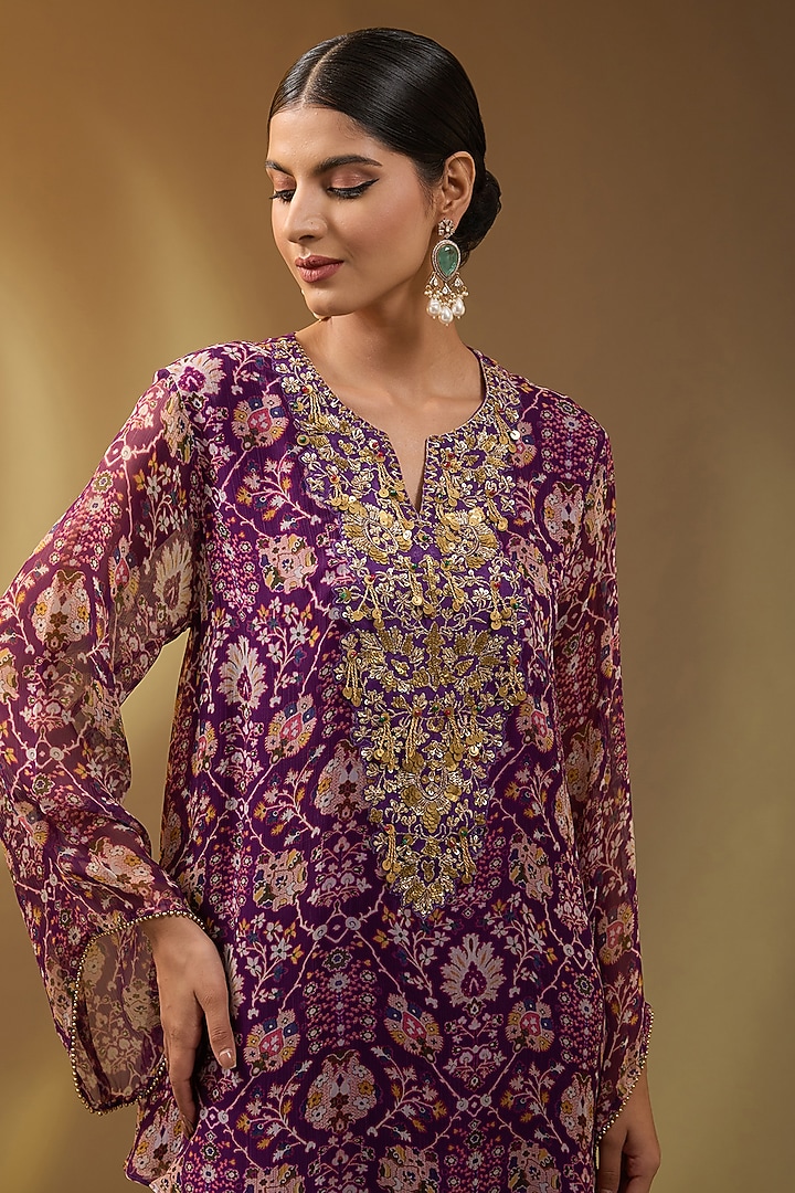 Purple Chiffon Floral Printed Wedding Sharara Set by Devika Bhayana at Pernia's Pop Up Shop