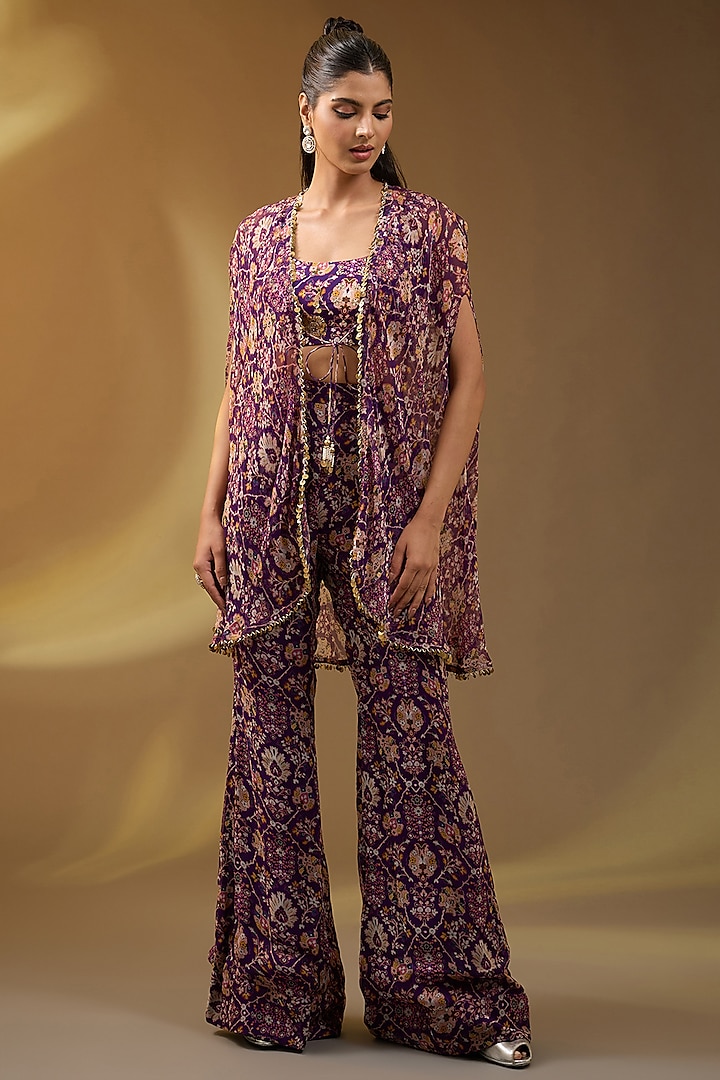 Purple Chiffon Floral Printed & Embellished Cape Set by Devika Bhayana at Pernia's Pop Up Shop