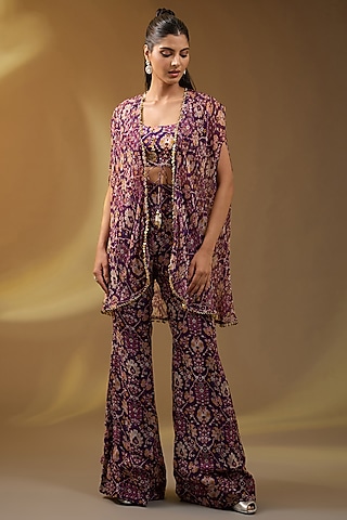 Purple Chiffon Floral Printed & Embellished Cape Set by Devika Bhayana