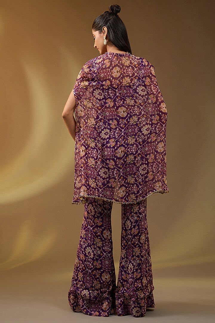Purple Chiffon Floral Printed & Embellished Cape Set by Devika Bhayana at Pernia's Pop Up Shop