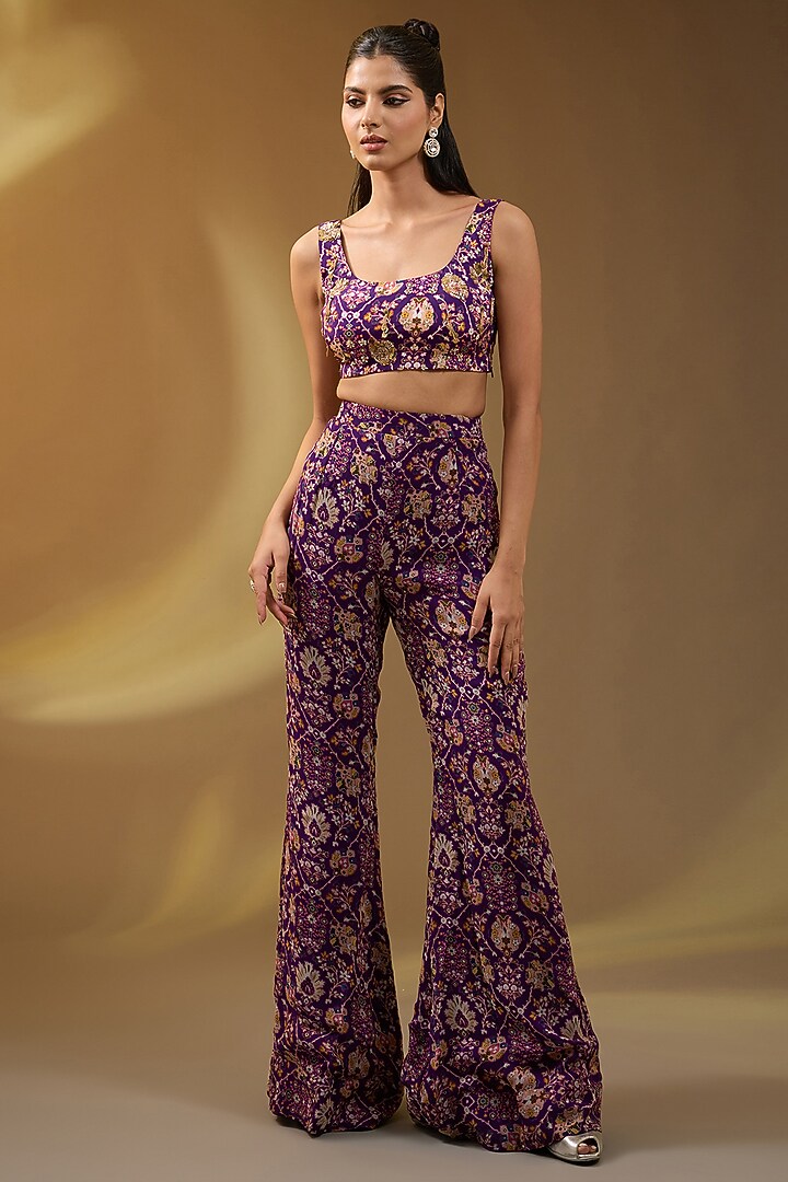 Purple Chiffon Floral Printed & Embellished Cape Set by Devika Bhayana at Pernia's Pop Up Shop