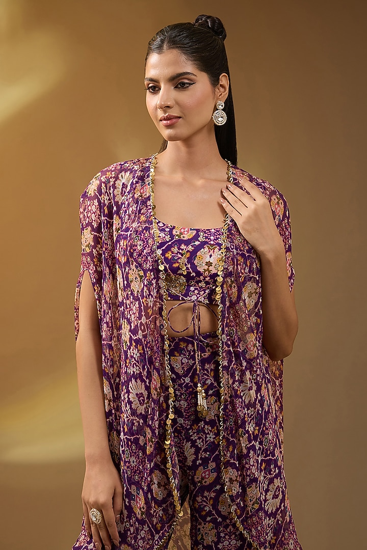 Purple Chiffon Floral Printed & Embellished Cape Set by Devika Bhayana at Pernia's Pop Up Shop