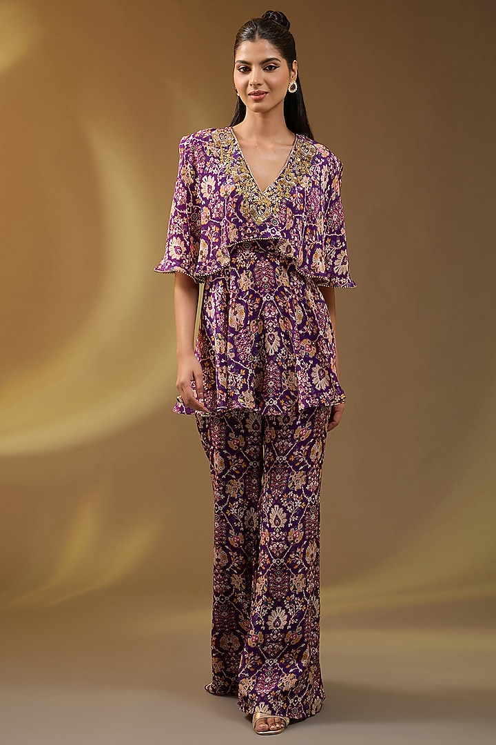 Purple Crepe Printed Sharara Set by Devika Bhayana at Pernia's Pop Up Shop