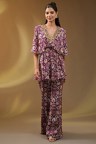 Purple Crepe Printed Sharara Set by Devika Bhayana