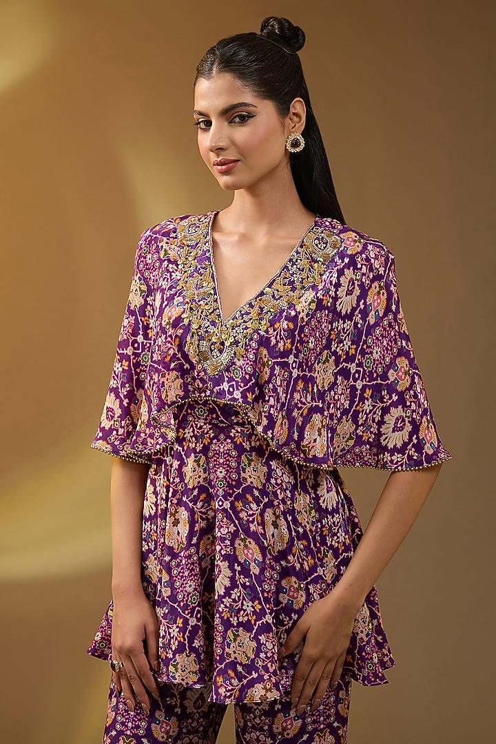 Purple Crepe Printed Wedding Sharara Set by Devika Bhayana at Pernia's Pop Up Shop
