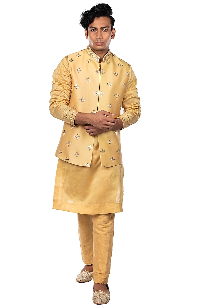 Beige Cotton Tussar Bundi Jacket With Kurta Set by Debarun Men