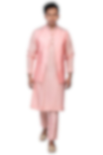 Dull Pink Dola Silk Kurta Set With Bundi Jacket by Debarun Men
