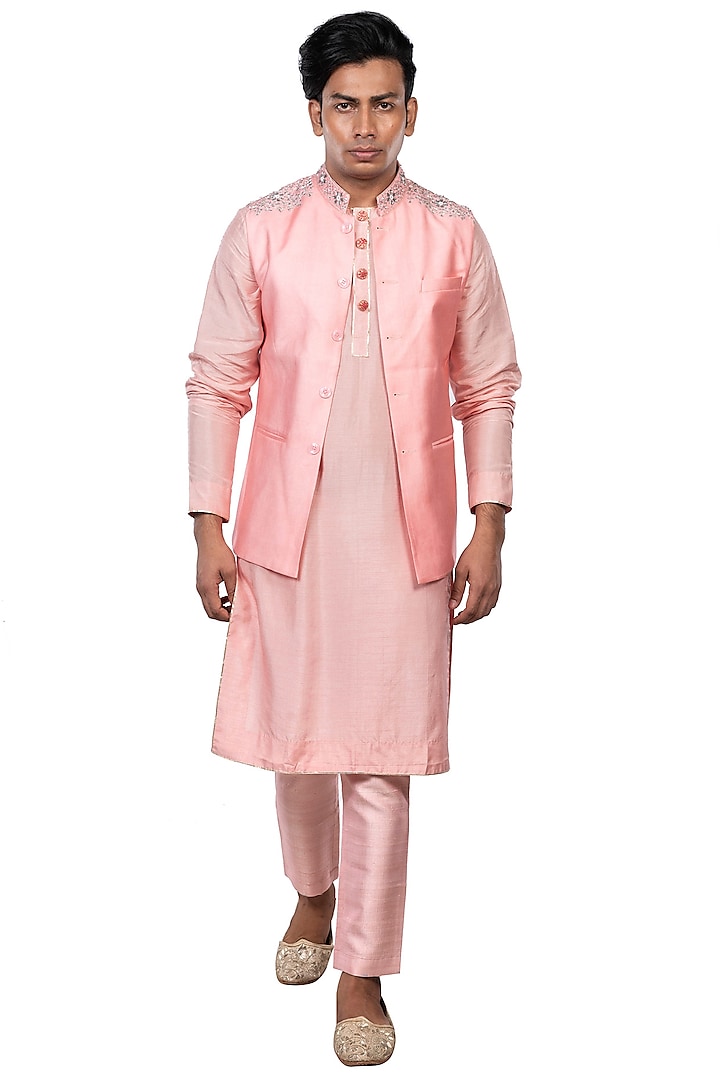 Dull Pink Dola Silk Kurta Set With Bundi Jacket by Debarun Men