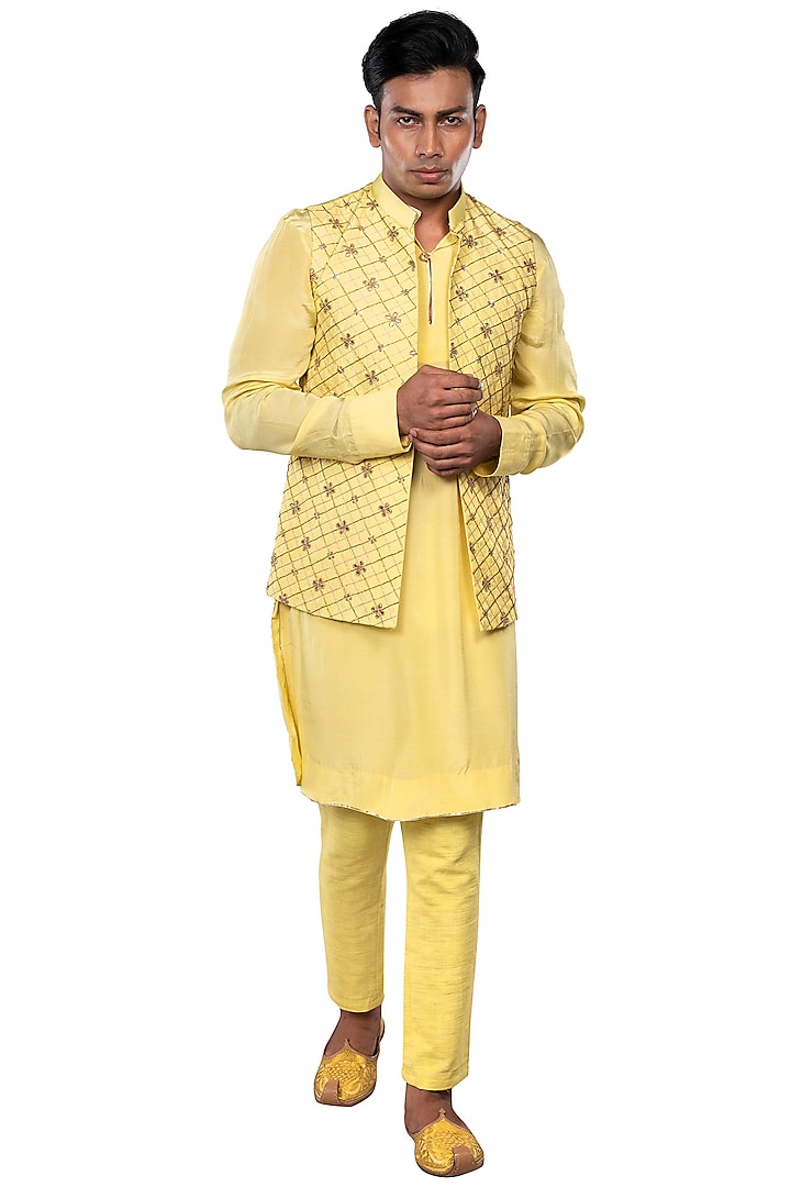 Lime Green Dola Silk Kurta Set With Bundi Jacket by Debarun Men