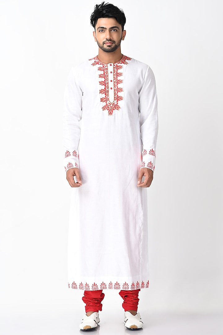 White Cotton Tussar & Khadi Kurta Set by Debarun Men