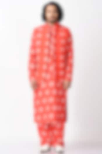 Red & White Cotton Tussar Kurta Set With Bundi Jacket by Debarun Men