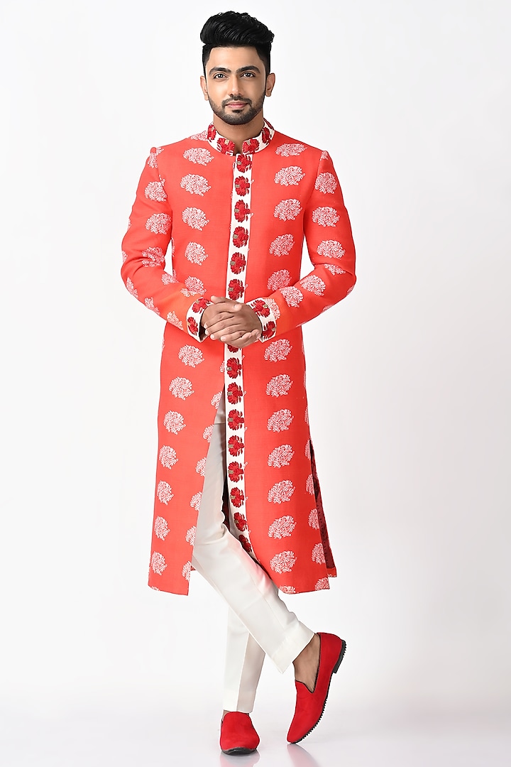 Red & White Khadi Silk Sherwani Set by Debarun Men