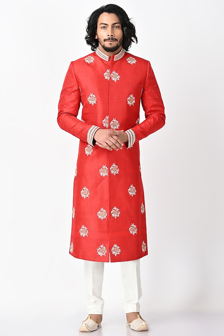 Red & White Raw Silk Sherwani Set by Debarun Men