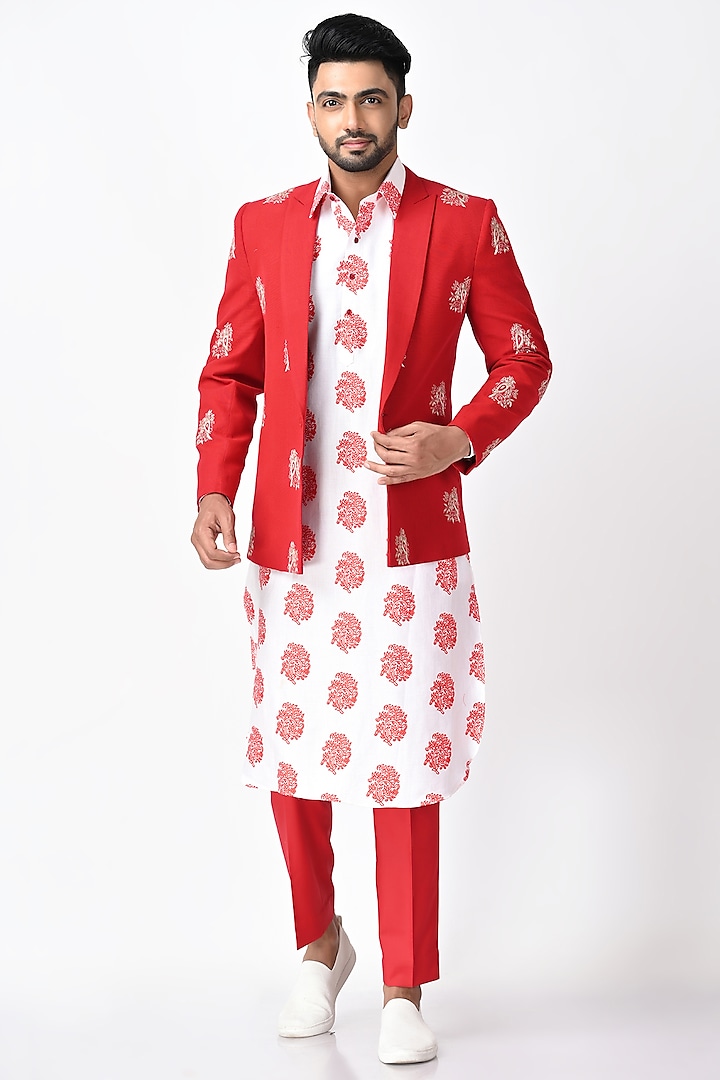Red & White Cotton Silk Kurta Set With Indowestern Jacket by Debarun Men