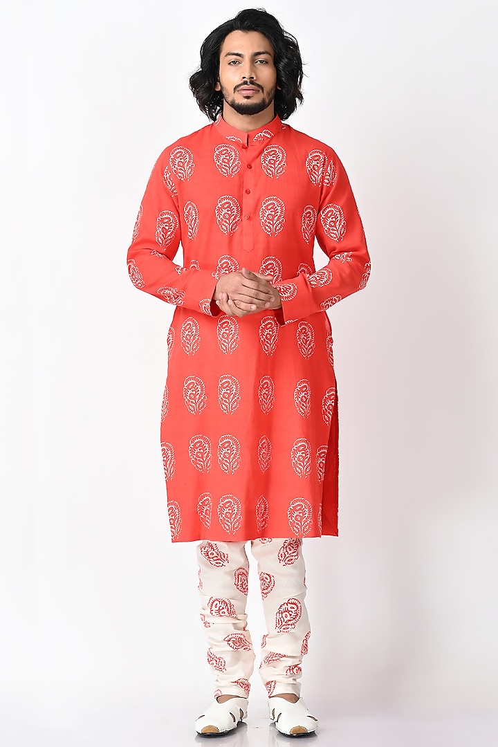 Red Khadi Kurta Set by Debarun Men