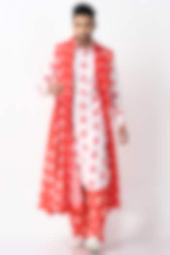 Red & White Cotton Kurta Set With Shrug by Debarun Men