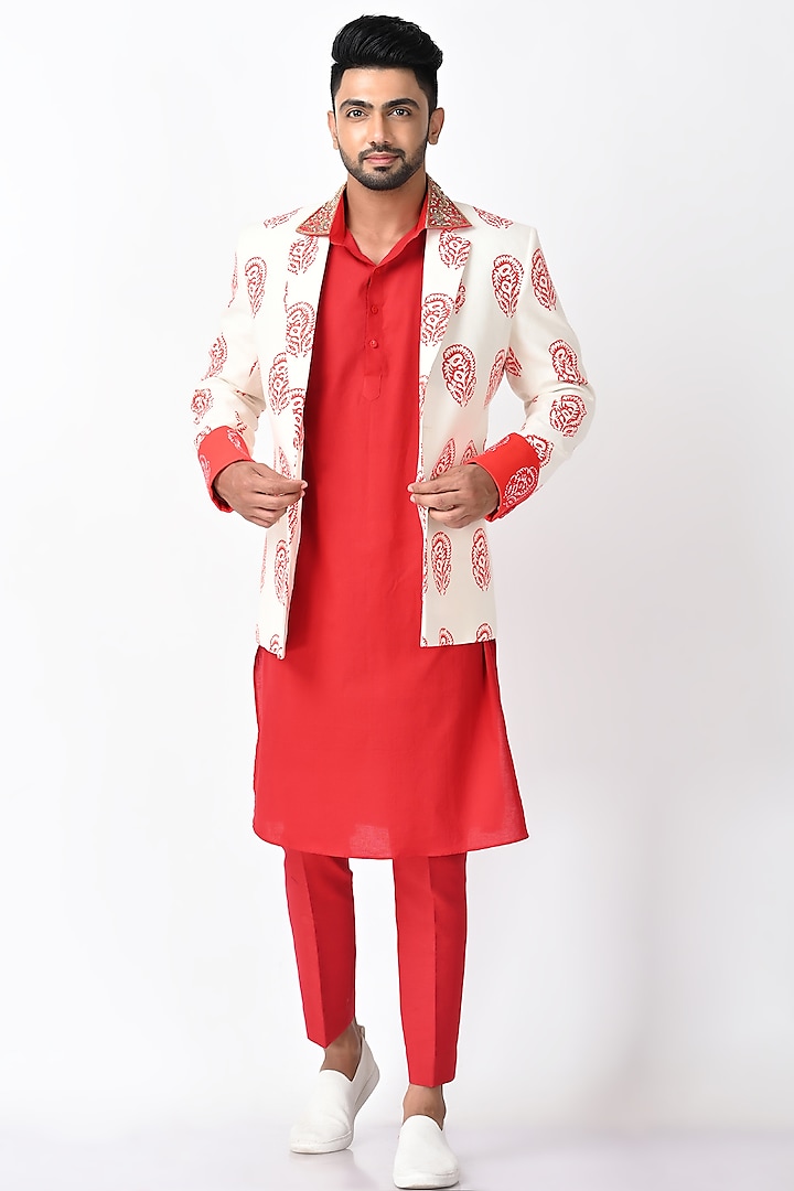 White Khadi Silk Indowestern Jacket Set by Debarun Men