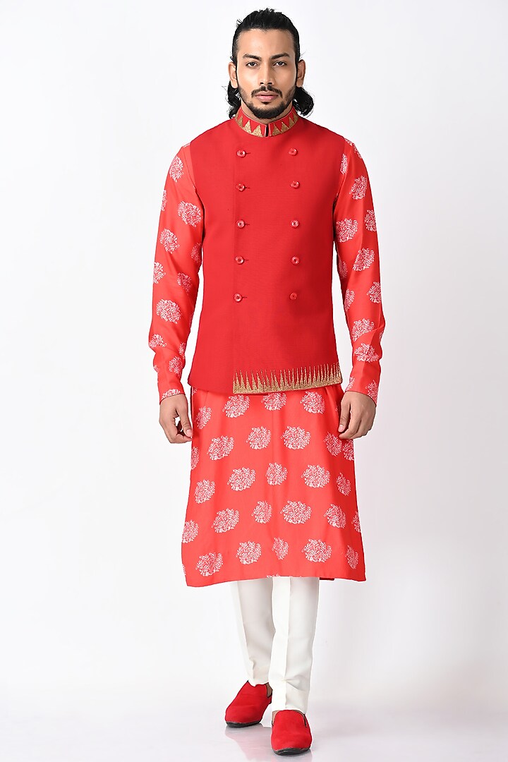 Red Khadi Silk Jacket With Kurta Set by Debarun Men