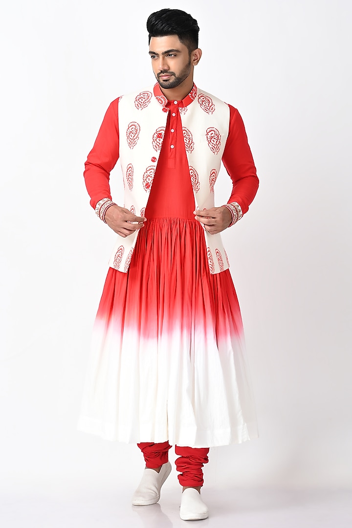 Red & White Khadi Kurta Set With Bundi Jacket by Debarun Men