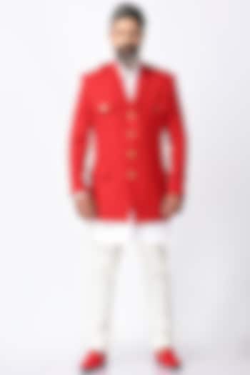 Red Cotton Silk Blend Kurta Set With Jacket by Debarun Men