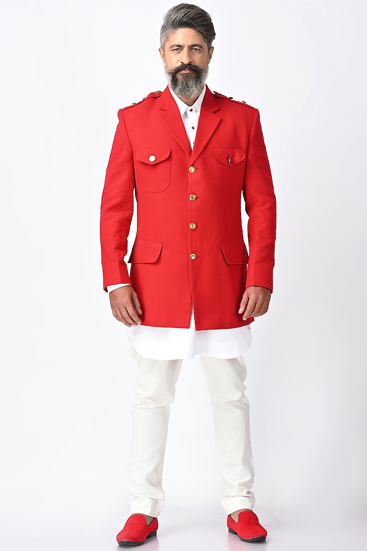 Red Cotton Silk Blend Kurta Set With Jacket by Debarun Men