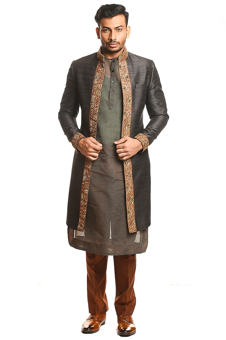 Charcoal Grey Embroidered Indowestern Set by Debarun Men