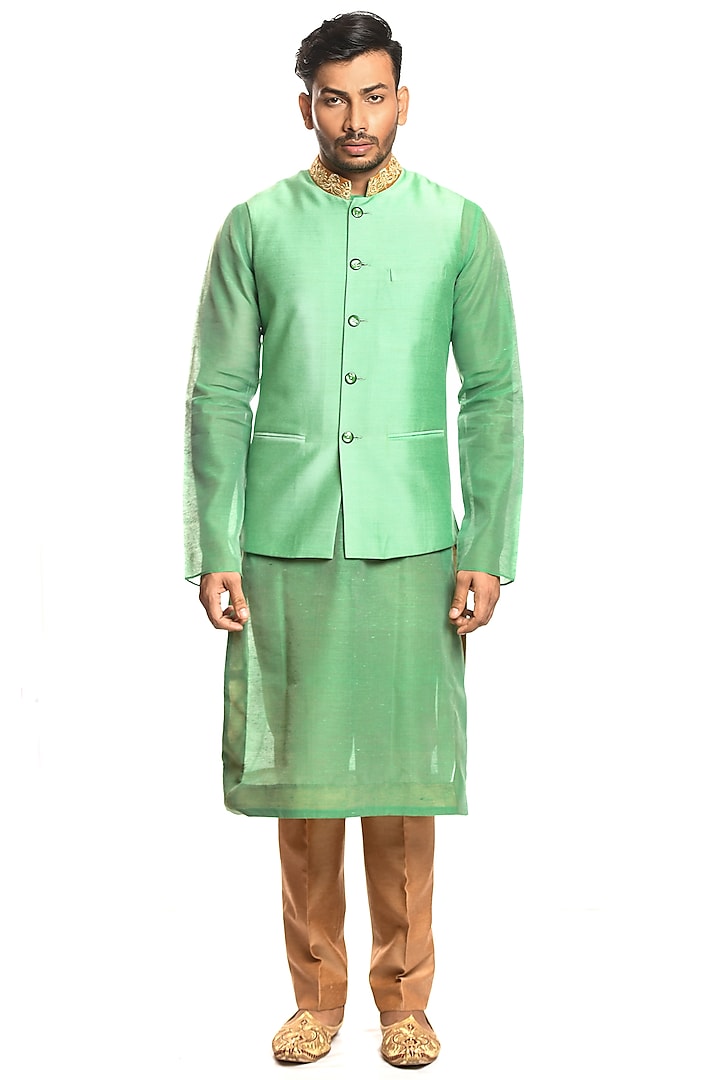 Green Embroidered Nehru Jacket with Kurta Set by Debarun Men