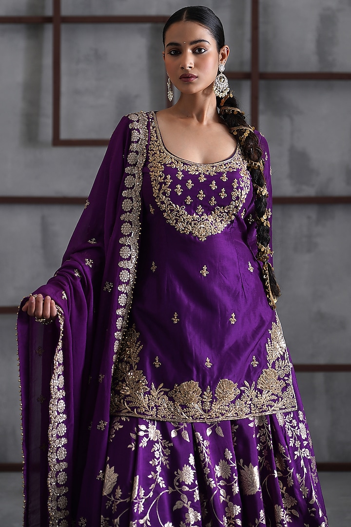 Purple & Gold Banarasi Silk Wedding Lehenga Set by Deepika Chadha at Pernia's Pop Up Shop