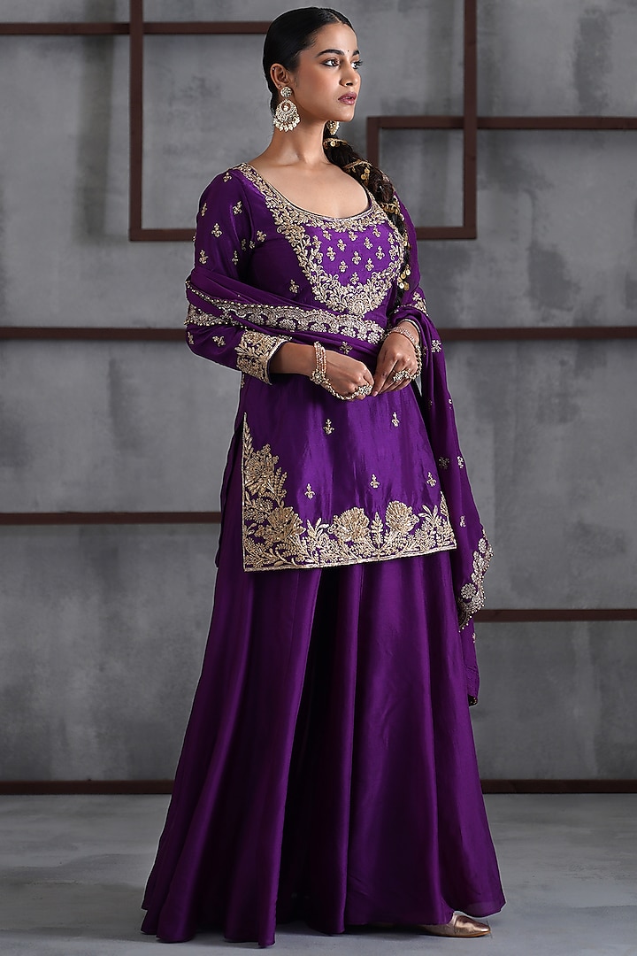 Purple & Gold Upada Silk Wedding Sharara Set by Deepika Chadha at Pernia's Pop Up Shop